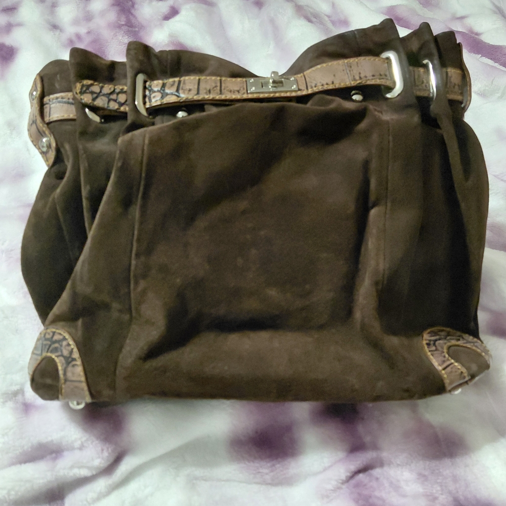 Brown Suede Handbag with Croc-Embossed Accents
